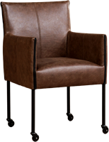 Leren eetkamerstoel More - met wieltjes en armleuning - Vintage Leer Brown - Poot - Zwart - Skate wiel zwart