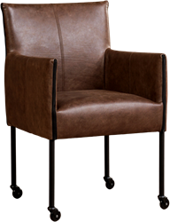 Leren eetkamerstoel More - met wieltjes en armleuning - Vintage Leer Brown - Poot - Zwart - Skate wiel zwart