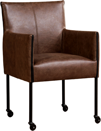 Leren eetkamerstoel More - met wieltjes en armleuning - Vintage Leer Brown - Poot - Zwart - Skate wiel zwart