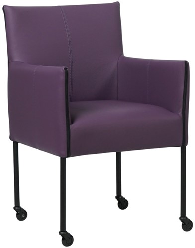 Leren eetkamerstoel More - met wieltjes en armleuning - Toledo Leer Aubergine - Poot - Zwart - Skate wiel zwart