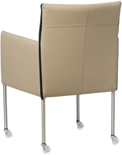 Leren eetkamerstoel More - met wieltjes en armleuning - Toledo Leer Mastic - Poot - RVS - Skate wiel transparant-3