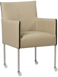 Leren eetkamerstoel More - met wieltjes en armleuning - Toledo Leer Mastic - Poot - RVS - Skate wiel transparant