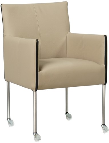 Leren eetkamerstoel More - met wieltjes en armleuning - Toledo Leer Mastic - Poot - RVS - Skate wiel transparant