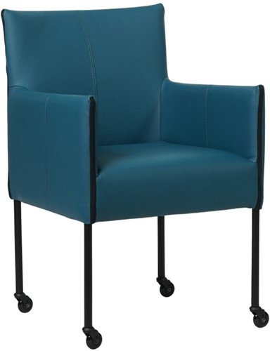 Leren eetkamerstoel More - met wieltjes en armleuning - Toledo Leer Turquoise - Poot - Zwart - Skate wiel zwart
