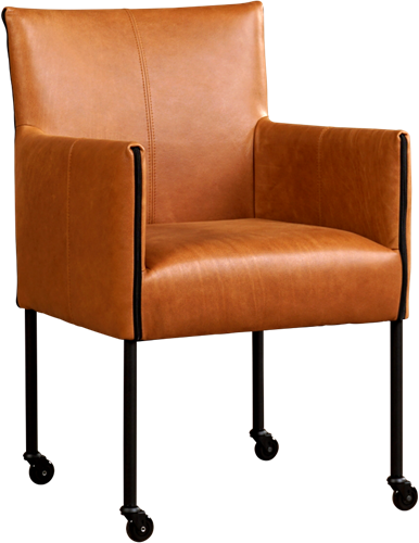 Leren eetkamerstoel More - met wieltjes en armleuning - Vintage Leer Cognac - Poot - Zwart - Skate wiel zwart