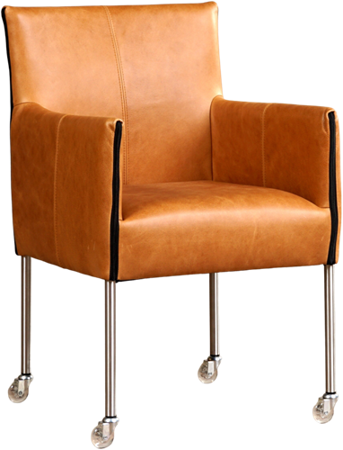 Leren eetkamerstoel More - met wieltjes en armleuning - Vintage Leer Cognac - Poot - RVS - Skate wiel transparant