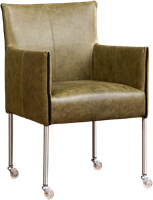 Leren eetkamerstoel More - met wieltjes en armleuning - Vintage Leer Olive - Poot - RVS - Skate wiel transparant