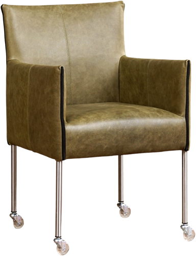 Leren eetkamerstoel More - met wieltjes en armleuning - Vintage Leer Olive - Poot - RVS - Skate wiel transparant
