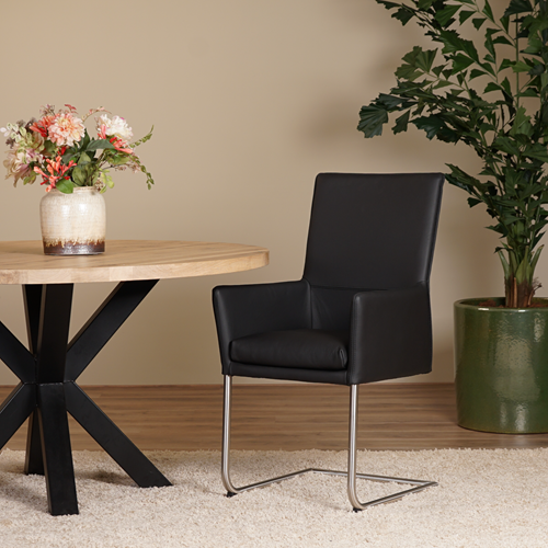 Set van 6 leren eetkamerstoelen Rumor - met armleuning en sledepoot rond - Toledo Nero (zwart) - Kleur poot, RVS