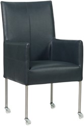 Leren eetkamerstoel Spark - met wieltjes en armleuning - Granada leer Blue - Poot - RVS - Skate wiel transparant