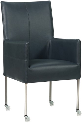 Leren eetkamerstoel Spark - met wieltjes en armleuning - Granada leer Blue - Poot - RVS - Skate wiel transparant