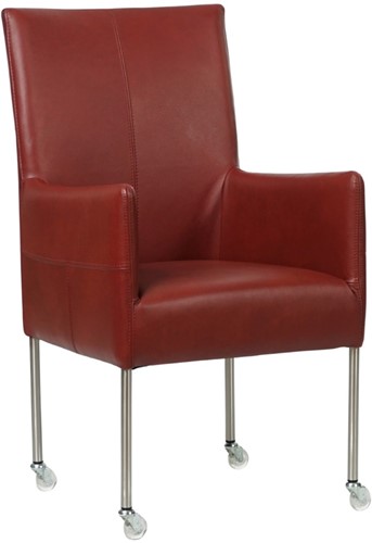 Leren eetkamerstoel Spark - met wieltjes en armleuning - Granada leer Rouge - Poot - RVS - Skate wiel transparant