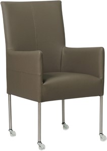 Grijze leren moderne eetkamerstoel Spark - poot rond rvs met wiel - Toledo Leer Smog (grijs leer)