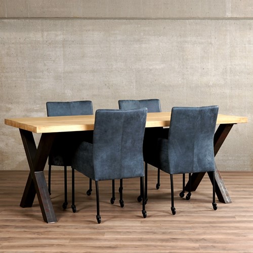 Set van 4 leren eetkamerstoelen - met wieltjes en armleuning - blauw leer