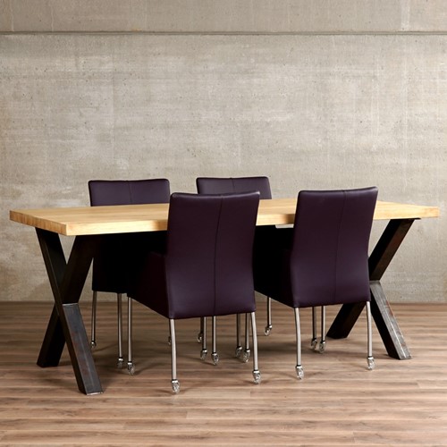 Set van 4 leren eetkamerstoelen - met wieltjes en armleuning - paars leer