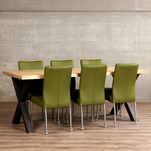 Set van 6 leren eetkamerstoelen - met wieltjes - groen leer