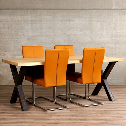 Set van 4 leren eetkamerstoelen - met sledepoot - bruin leer