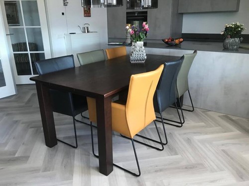 Set van 6 leren eetkamerstoelen - met designpoot - verschillende kleuren leer