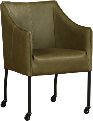 OUTLET Leren eetkamerstoel Happy - met wieltjes en armleuning - Rancho Leer Green - Kleur poot, zwart - Skate wiel zwart