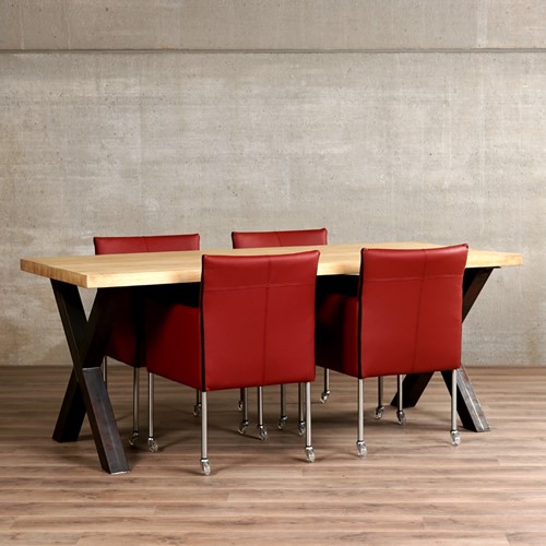 Set van 4 leren kuip eetkamerstoelen - met wieltjes - rood leer