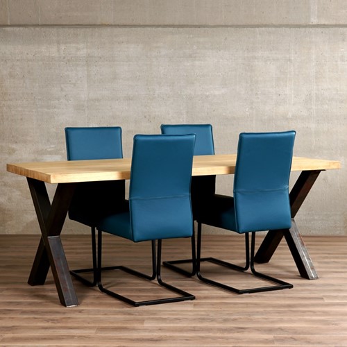 Set van 4 leren eetkamerstoelen - met sledepoot - blauw leer