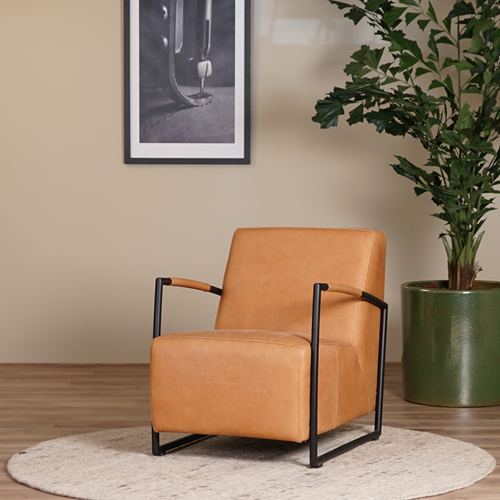 Leren industriële fauteuil Creative - Rancho Leer Cognac - Frame zwart