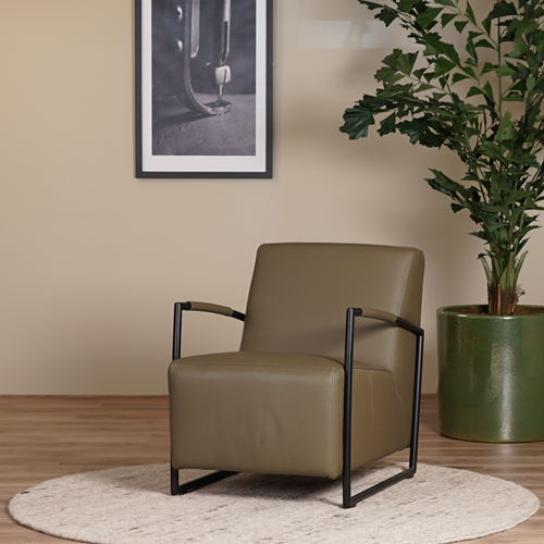 Groene leren industriële fauteuil Creative - Toledo leer Olive - Frame zwart