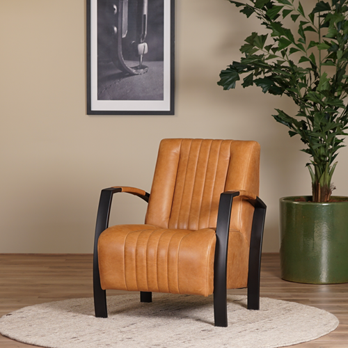 Leren fauteuil Glamour – Cognac vintage leer met zwart stalen frame