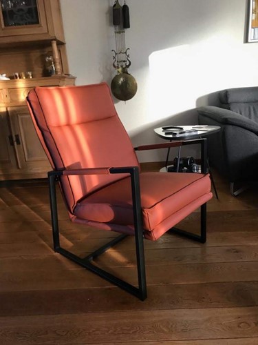 Leren fauteuil met stalen frame en hoge rug - bruin leer