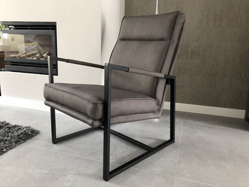 Leren fauteuil met stalen frame en hoge rug - grijs leer