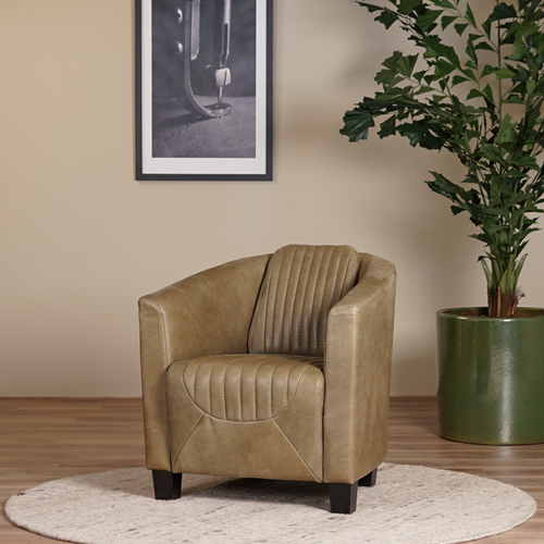 Olijfgroene leren landelijke kuipstoel Press Special - poot hout zwart - Vintage Leer Olive (olijfgroen leer)