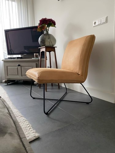 Leren fauteuil zonder armleuning met kruisframe - cognac kleur leer