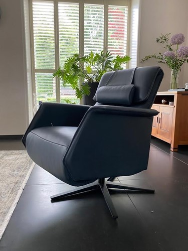 Leren relaxfauteuil - met extra nekkussen - blauw leer