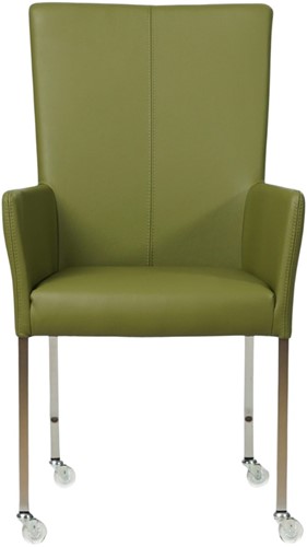 Leren eetkamerstoel Deal - met wieltjes en armleuning - Toledo Apple Green (groen) - Vorm poot vierkant - Kleur poot, RVS - Skate wiel transparant-2