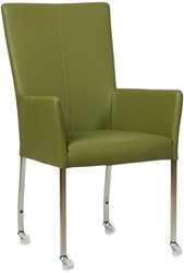 Leren eetkamerstoel Deal - met wieltjes en armleuning - Toledo Apple Green (groen) - Vorm poot vierkant - Kleur poot, RVS - Skate wiel transparant