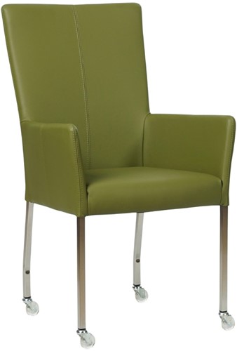 Leren eetkamerstoel Deal - met wieltjes en armleuning - Toledo Apple Green (groen) - Vorm poot vierkant - Kleur poot, RVS - Skate wiel transparant