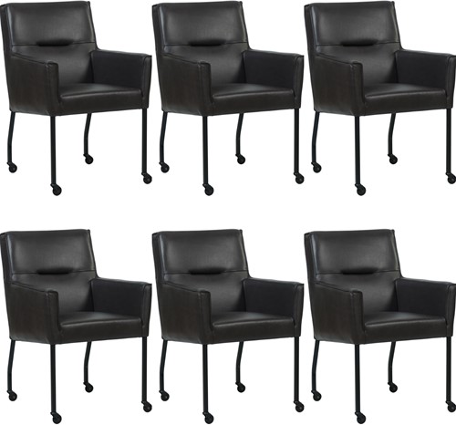Leren eetkamerstoel Lucky - met wieltjes en armleuning - set van 6 stoelen - Granada leer Ebony - Kleur poot, zwart - Skate wiel zwart