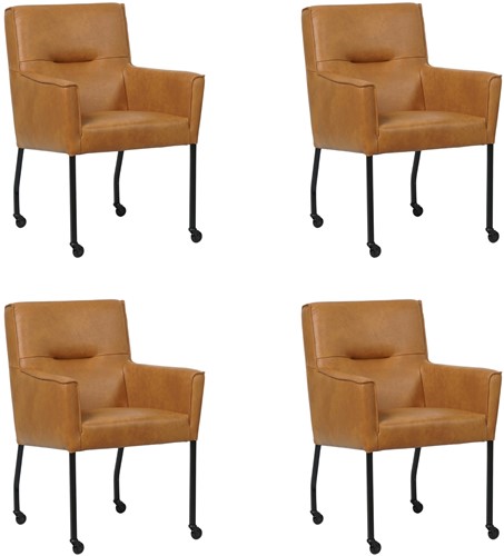 Leren eetkamerstoel Lucky - met wieltjes en armleuning - set van 4 stoelen - Granada leer Sahara - Kleur poot, zwart - Skate wiel zwart