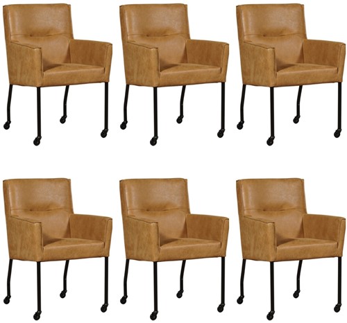 Leren eetkamerstoel Lucky - met wieltjes en armleuning - set van 6 stoelen