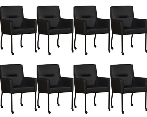Leren eetkamerstoel Lucky - met wieltjes en armleuning - set van 8 stoelen - Toledo Leer Nero - Kleur poot, zwart - Skate wiel zwart