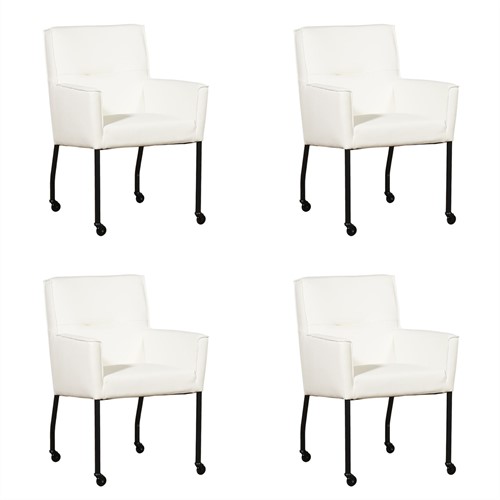 Leren eetkamerstoel Lucky - met wieltjes en armleuning - set van 4 stoelen - Toledo Leer Purewhite - Kleur poot, zwart - Skate wiel zwart