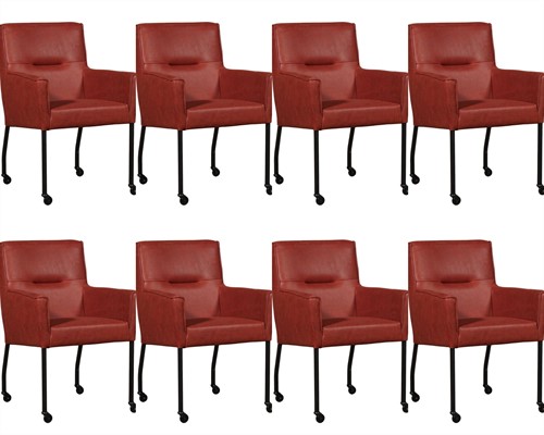 Leren eetkamerstoel Lucky - met wieltjes en armleuning - set van 8 stoelen - Vintage Leer Burgundy - Kleur poot, zwart - Skate wiel zwart