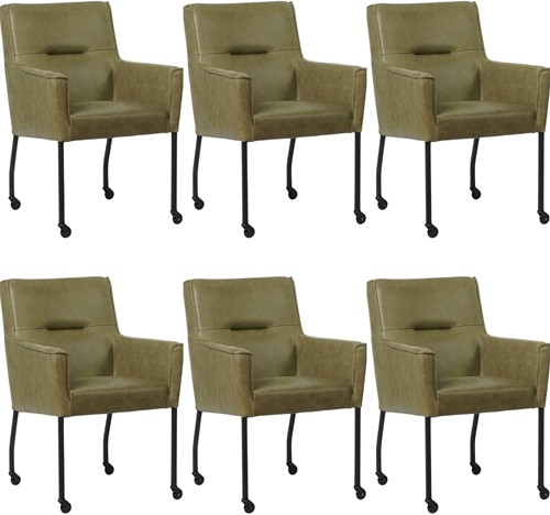 Leren eetkamerstoel Lucky - met wieltjes en armleuning - set van 6 stoelen - Vintage Leer Olive - Kleur poot, zwart - Skate wiel zwart