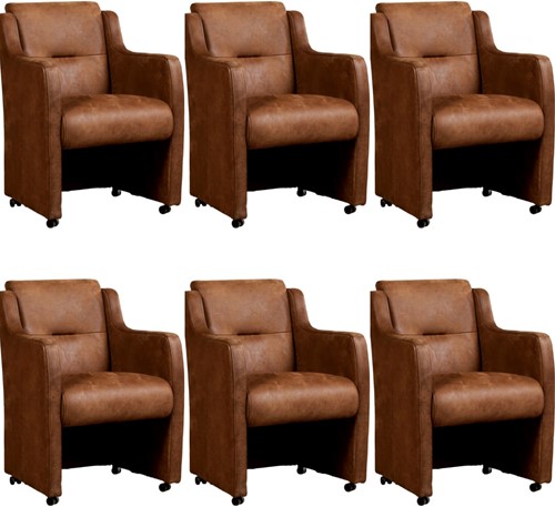 Leren eetkamerfauteuil Mass - set van 6 stoelen - Kenia Leer Brown - Met handgreep - Zwart
