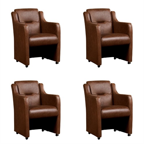 Leren eetkamerfauteuil Mass met armleuning en wieltjes - set van 4 stoelen - Vintage Leer Brown - Met handgreep - Zwart
