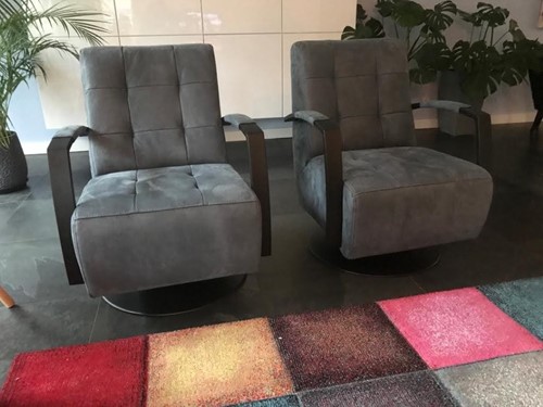 Set van 2 leren draaifauteuils met stalen frame en schotelvoet - blauw leer