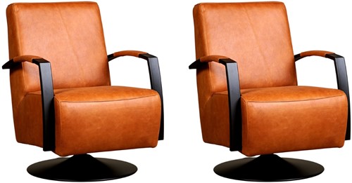Leren industriële draaifauteuil Mood - set van 2 fauteuils - Vintage Leer Cognac - Frame zwart - Schotelvoet zwart