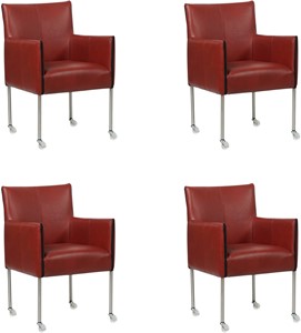 Set van 4 Rode leren moderne kuipstoel More - poot rond rvs met wiel - Granada leer Rouge (rood leer)