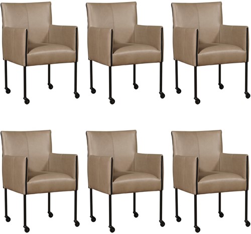 Leren eetkamerstoel More - met wieltjes - set van 6 stoelen