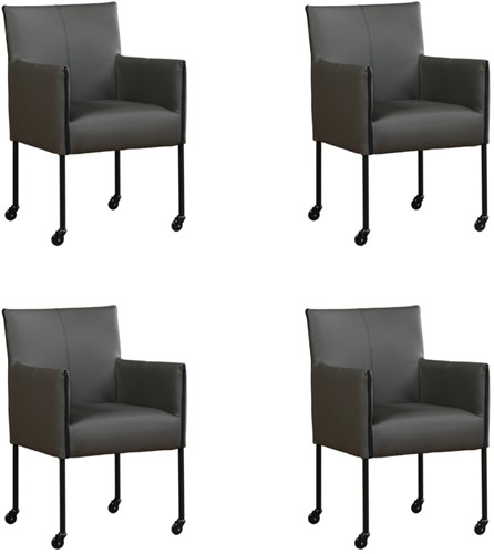 Leren eetkamerstoel More - met wieltjes - set van 4 stoelen - Toledo Leer Antracite - Kleur poot, zwart - Skate wiel zwart